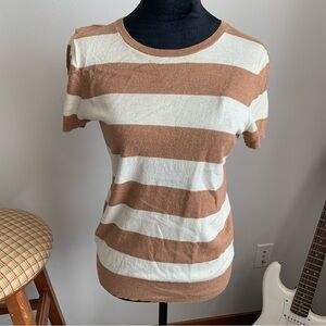LOFT Brown and Cream Striped Short Sleeve Knit Top